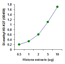 Histone extracts were prepared from MDA-MB-231 cells using the EpiQuik Total Histone Extraction Kit (Cat. No. OP-0006) and the amount of dimethyl H3-K27 was measured using the EpiQuik Di-Methyl Histone H3-K27 Quantification Kit (Colorimetric).